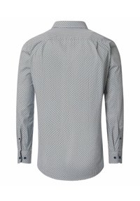 Langarmhemd aus hellblauem Stoff mit geometrischem Muster. Verfügt über einen Kragen und Knopfmanschetten und zeigt eine glatte Textur.