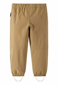 Hellbraune wasserfeste Hosen mit elastischem Bund, gerafften Bündchen und Reflektoren an den Seiten für Sichtbarkeit. Glatte Textur.