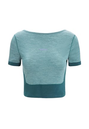 Teal cropped top with short sleeves, made of breathable fabric. Features a color-block design and subtle logo detail on the chest.