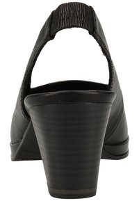 Sandales à talons noirs avec un dos ouvert, une bride texturée et une tige en cuir lisse. Le talon est légèrement effilé et mesure environ 7,5 cm.