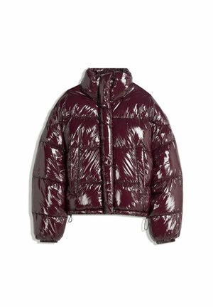 Shiny, maroon cropped puffer jacket with a high collar, horizontal stitching, two front pockets, and adjustable drawstring at the hem.