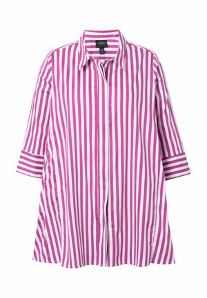 Pink and white striped long-sleeve shirt with a collared neck, button-down front, and a curved hemline, made from a smooth fabric.