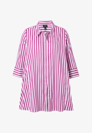 Vaaleanpunapirkkula ja valkoiset raidat pitkähihainen paita, jossa on kauluspaita, napitettava etuosa ja kaareva helma, valmistettu sileästä kankaasta.