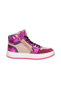 High-top sneakers met een mix van roze, metallic en bordeauxrode materialen. Voorzien van zwarte veters, een zijrits en een roze rubberen zool.