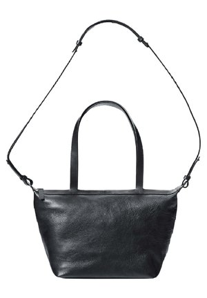 Borsa tote in pelle nera con due manici superiori e una tracolla staccabile. Presenta una finitura testurizzata e un design minimalista.