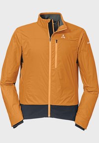 Veste légère orange avec un col haut, fermeture éclair à l'avant et tissu inférieur bleu foncé. Dispose de poches latérales et de coutures contrastantes.
