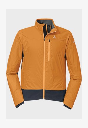 Chaqueta ligera naranja con cuello alto, cierre frontal y tela inferior de color azul oscuro. Presenta bolsillos laterales y costuras de contraste.