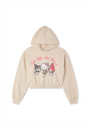 Felpa cropped beige con cappuccio, caratterizzata da una stampa grafica di Hello Kitty e dei suoi amici in colori vivaci. Tessuto morbido con orlo elastico.
