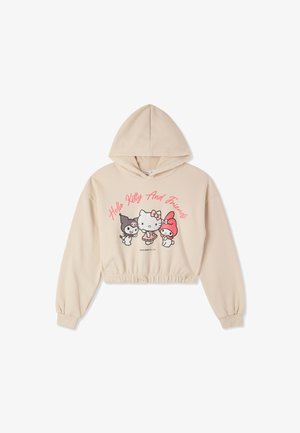 Beżowa krótsza bluza z kapturem i sznurkiem. Na przodzie kolorowa grafika z Hello Kitty i przyjaciółmi. Miękka tkanina, ściągacze na rękawach.