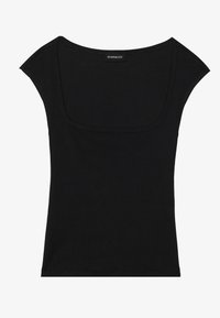 Top negro de canalé con un escote amplio en forma de barco y mangas tipo corta. Fabricado en material elástico, presenta una silueta ajustada.