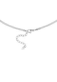 Zilveren ketting met twee strengen. Bevat kleine ronde schakels en een karabijnsluiting met een korte verstelbare sectie. Glenzen textuur.