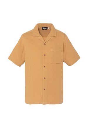 Chemise jaune moutarde à manches courtes avec col et poche poitrine, tissu texturé, et logo « Schott » au-dessus de la poche.