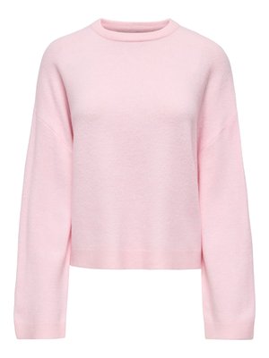 Heleroosa sviiter, valmistatud pehmest kangast, millel on ümmargune kaelus ja langenud õlad, pikkade varrukatega ning soonikuga mansetid.