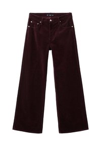Pantalones de pana de pierna ancha en burdeos oscuro con cinco bolsillos, cierre frontal de botón y costuras en contraste a lo largo de las costuras.