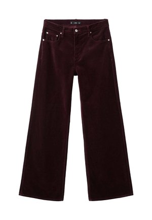 Pantaloni a gamba larga in corduroy di un intenso bordeaux, con cinque tasche, chiusura frontale con bottone e cuciture a contrasto lungo le cuciture.