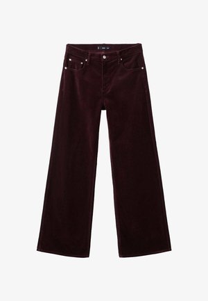 Kordhose mit weitem Bein in dunklem Burgunderrot, ausgestattet mit fünf Taschen, vorderer Knopfverschluss und kontrastierendem Nähen entlang der Nähte.