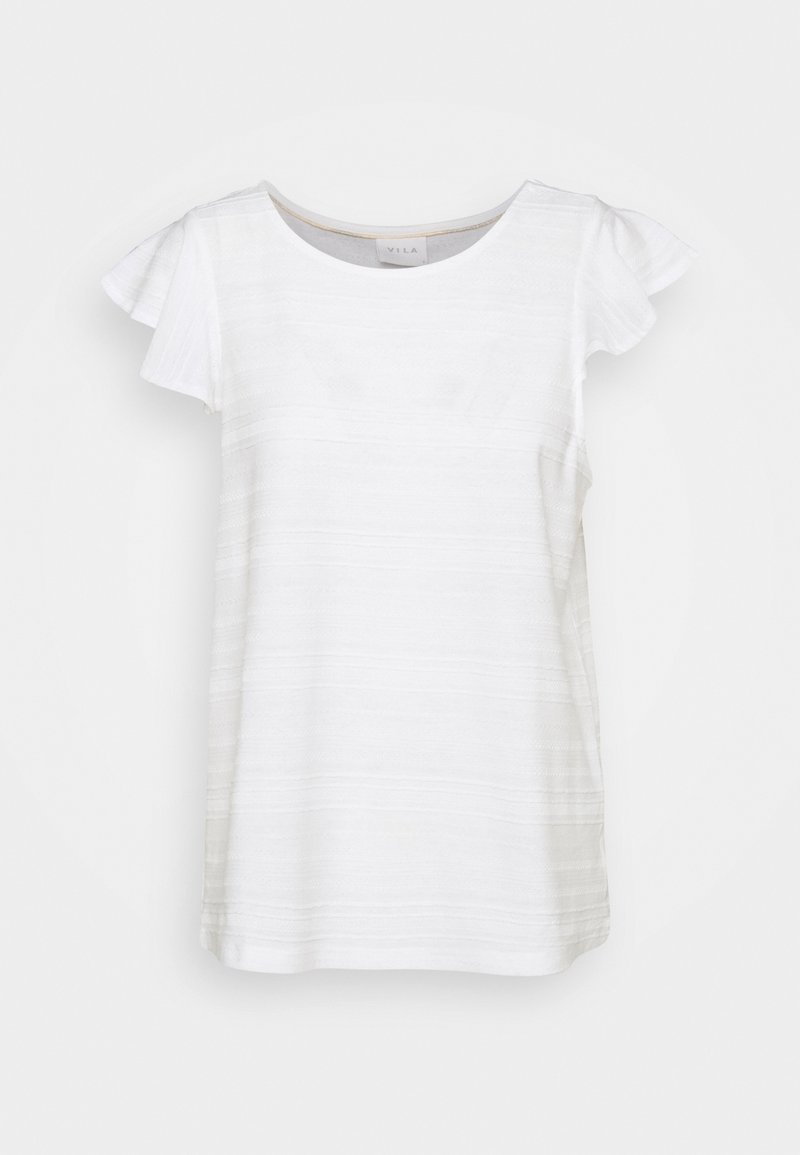 White short-sleeve t-shirt with ruffled sleeves, featuring a subtle striped texture. Round neck, made from lightweight fabric.
