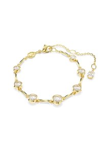 Gouden armband met heldere ronde edelstenen in cirkelvormige zettingen, verbonden door gladde gouden staven. Voorzien van een verstelbare ketting sluiting.