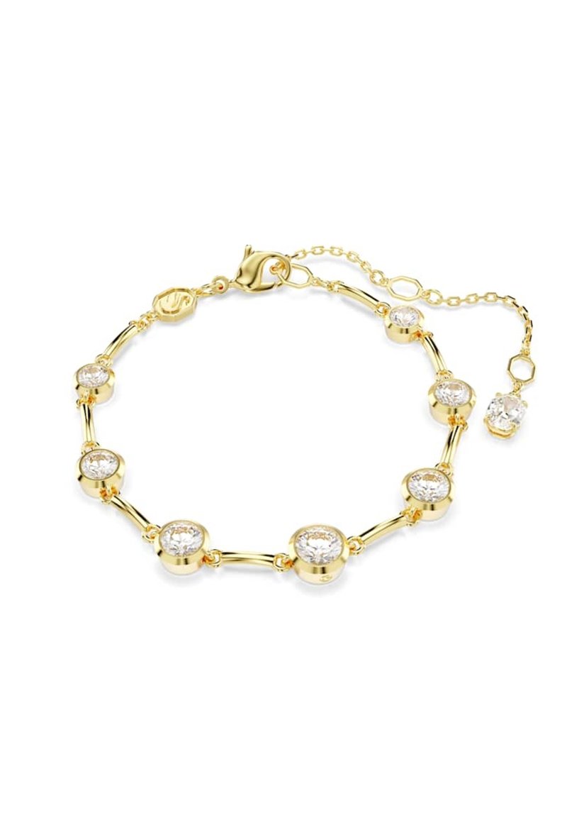 Gouden armband met heldere ronde edelstenen in cirkelvormige zettingen, verbonden door gladde gouden staven. Voorzien van een verstelbare ketting sluiting.