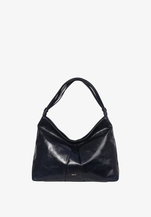 Navy leather handbag with a slouchy design, featuring braided handles and a smooth texture. Notable pleat detail at the front.