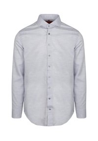 Hellblaues Button-Up-Hemd aus strukturiertem Stoff mit klassischem Kragen, langen Ärmeln und silbernen Knopfdetails entlang der Vorderseite.