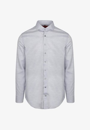 Lichtblauw overhemden van textuurstof, met een klassieke kraag, lange mouwen en zilveren knoopdetails aan de voorkant.