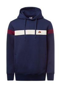 Sudadera azul marino con una gran franja horizontal color crema, detalles rojos en las mangas, capucha ajustable con cordón y un pequeño logo en el pecho. Tejido suave.