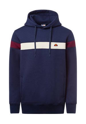 Felpa navy con una grande striscia orizzontale crema, dettagli rossi sulle maniche, cappuccio regolabile con lacci e un piccolo logo sul petto. Tessuto morbido.