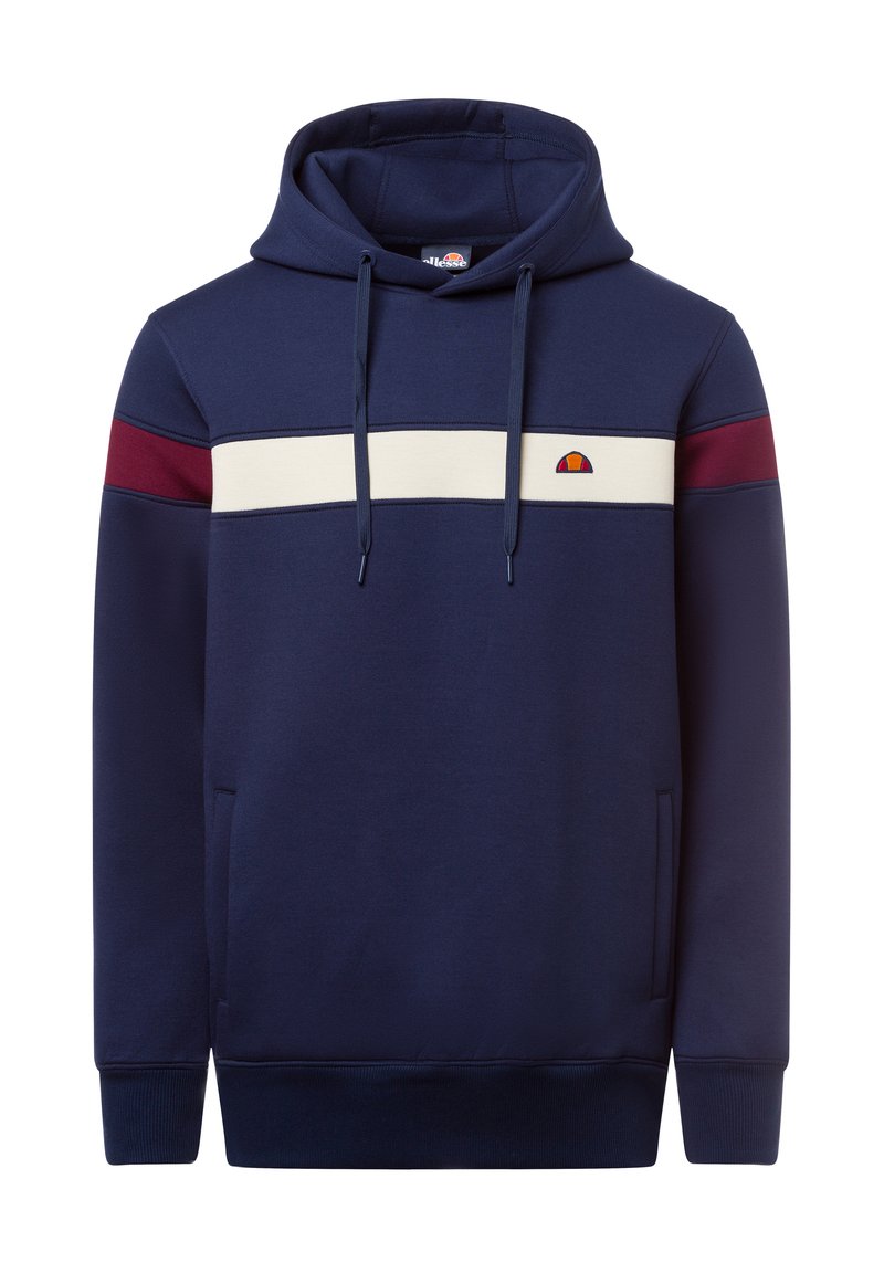 Sudadera azul marino con una gran franja horizontal color crema, detalles rojos en las mangas, capucha ajustable con cordón y un pequeño logo en el pecho. Tejido suave.