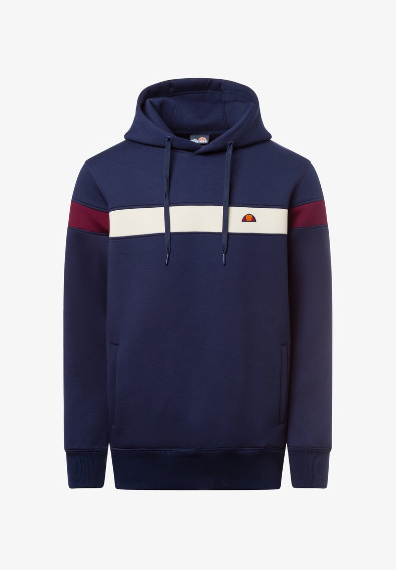 Sudadera azul marino con una gran franja horizontal color crema, detalles rojos en las mangas, capucha ajustable con cordón y un pequeño logo en el pecho. Tejido suave.