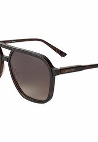 Rechthoekige zonnebril met een schildpadmotief frame en gradiënt bruine lenzen. Heeft een subtiel logo aan de zijkant en dunne, slanke pootjes.