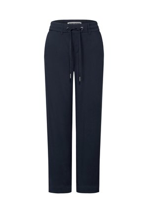 Pantalon bleu marine avec taille à cordon de serrage, fabriqué dans un tissu doux. Design à jambe droite avec des détails de couture subtils le long des coutures.