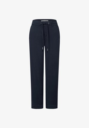 Pantaloni blu navy con vita a cordoncino, realizzati in tessuto morbido. Design a gamba dritta con dettagli di cucitura discreti lungo le cuciture.