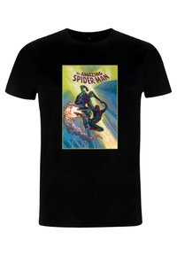 Sort bomulds t-shirt med et farverigt grafisk print af Spider-Man og en skurk mod en bysilhuet med levende gule og blå nuancer.