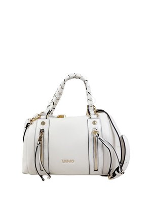 Borsa Liu Jo bianca con manici intrecciati, due tasche verticali frontali con cerniera, dettagli in metallo dorato e tracolla removibile su sfondo bianco.