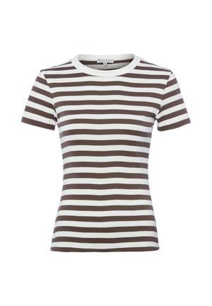 Krótki rękaw, dopasowany top z prążkowanego dzianiny w poziome brązowo-białe paski z okrągłym dekoltem.