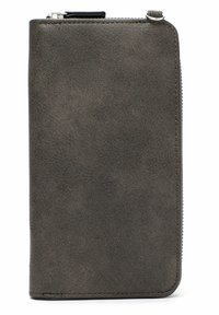 Portefeuille en faux cuir gris avec une texture lisse, fermeture éclair et bords cousus. Doté d'une forme rectangulaire élégante et d'un design minimaliste.