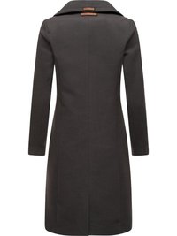 Manteau gris foncé avec des manches longues, un large col, une silhouette droite et une fente centrale au dos. Étiquette de marque en cuir près de l'encolure.