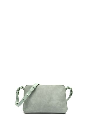 Sac bandoulière en cuir vert clair avec sangle réglable et forme rectangulaire simple sur fond blanc.