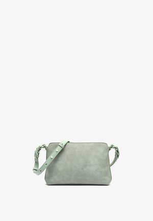 Sac bandoulière en cuir vert clair avec sangle réglable et forme rectangulaire simple sur fond blanc.