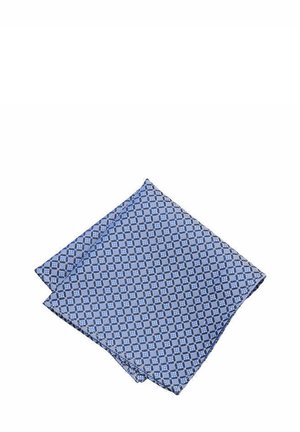 Blue patterned pocket square featuring a geometric design with contrasting dark blue accents, made from smooth fabric, neatly folded.