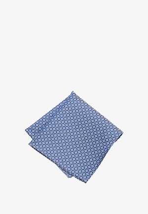 Blue patterned pocket square featuring a geometric design with contrasting dark blue accents, made from smooth fabric, neatly folded.
