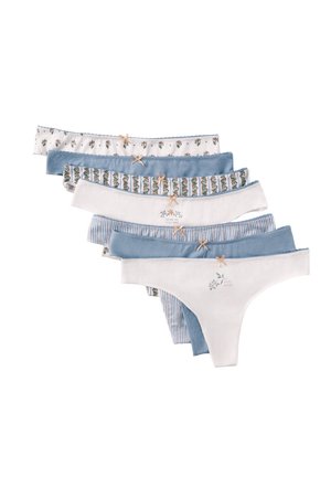 Sieben Baumwollstrings für Damen mit Blumen- und Streifenmuster in Weiß- und Blautönen, jeweils mit einer kleinen Schleife am Bund.