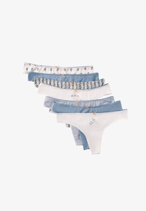 Sette perizoma da donna in cotone con motivi floreali e a righe, nei toni del bianco e del blu, ognuno con un piccolo fiocco sulla banda in vita.
