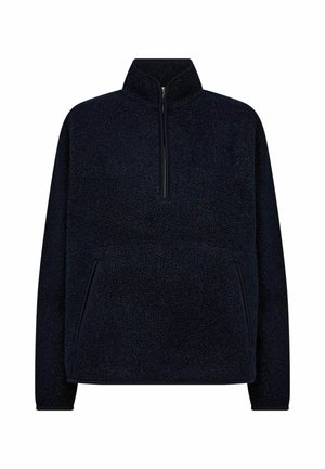 Marineblaue Fleece-Pullover mit hohem Kragen und Viertelreißverschluss. Verfügt über Fronttaschen und strukturierte Stoffe, die Wärme und Komfort bieten.