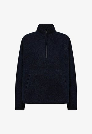 Marineblaue Fleece-Pullover mit hohem Kragen und Viertelreißverschluss. Verfügt über Fronttaschen und strukturierte Stoffe, die Wärme und Komfort bieten.
