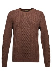 Brauner, gestrickter Pullover mit einem strukturierten Zopfmuster, geripptem Rundhalsausschnitt und langen Ärmeln, der eine glatte Oberfläche und eine bequeme Passform bietet.