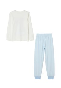 Langärmliges weißes Oberteil und hellblaue, gestreifte Schlafanzughose mit elastischem Bund und gerippten Bündchen. Weicher Stoff, einfaches Design.