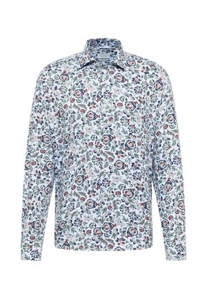 Camicia bianca a maniche lunghe con motivo floreale multicolore in rosso, blu e verde, dotata di colletto classico e chiusura con bottoni.
