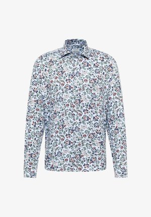 Witte lange mouwen shirt met een veelkleurig bloemenpatroon in rood, blauw en groen, met een klassieke kraag en een knoopsluiting aan de voorkant.